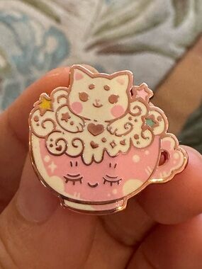 Cute Pink Cat in Teacup Enamel Pin - Adorable Cat Pet Accessory